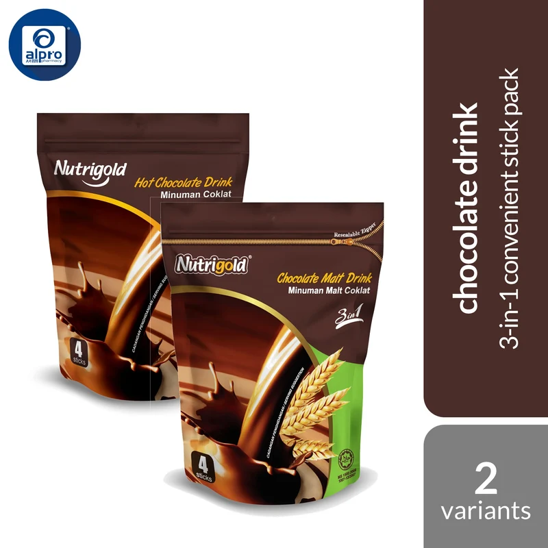 Nutrigold 3-in-1 Hot Chocolate/ Chocolate Malt 30g ×4s | 3-In-1 Convenient Stick Pack