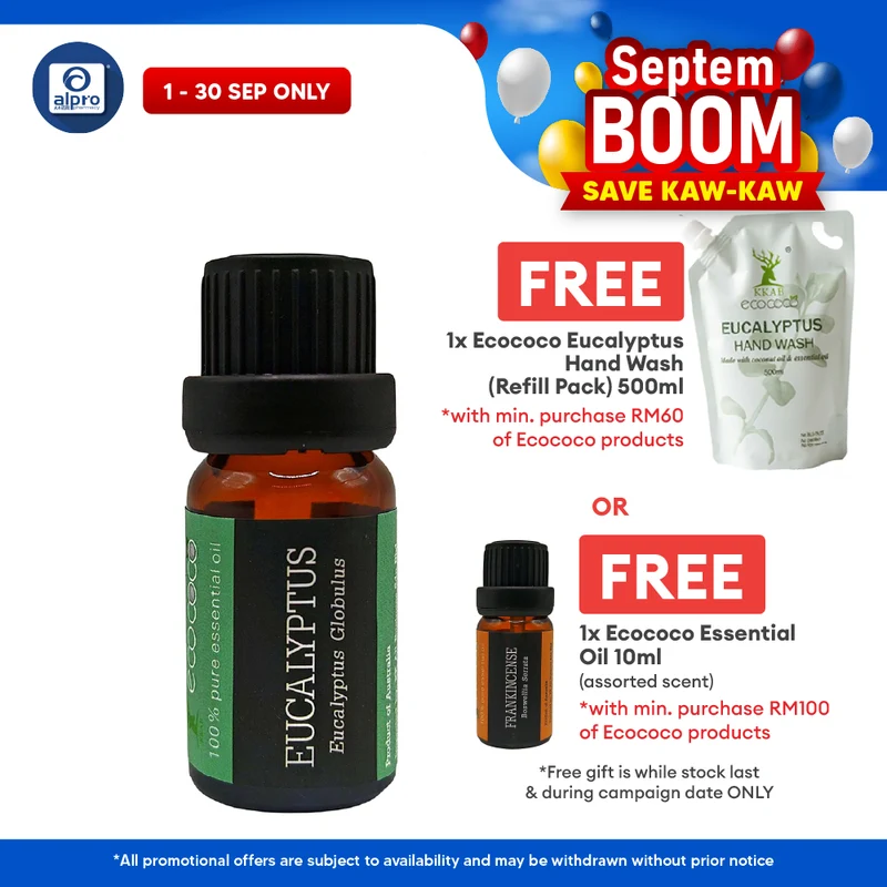 ecococo Eucalyptus Essential Oil 10mL | Energizing Scent & Helps Soothe Blocked Nose