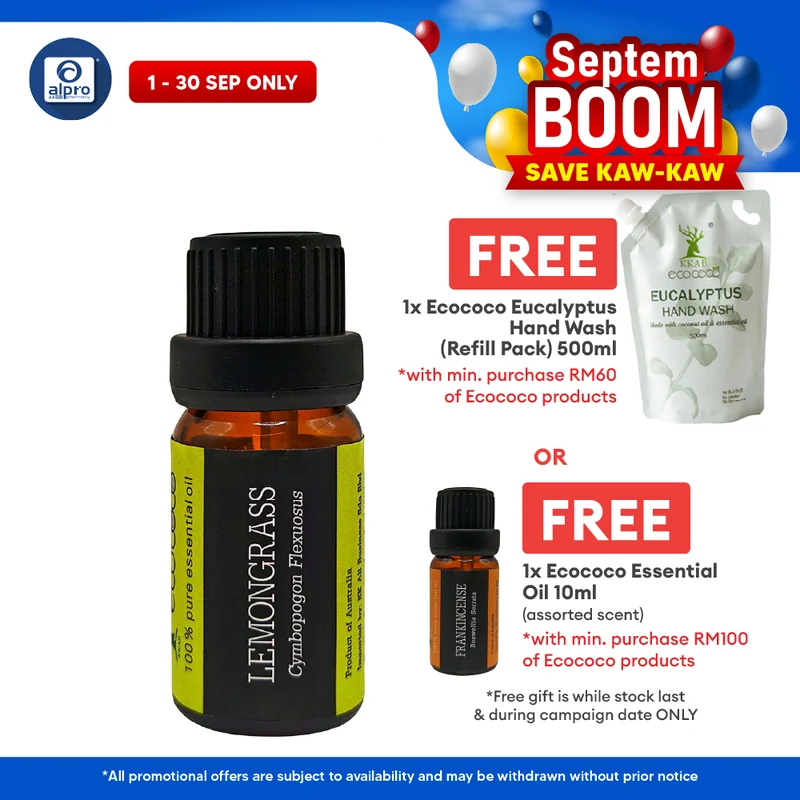 ecococo Lemongrass Essential Oil 10mL | Natural Insect Repellent