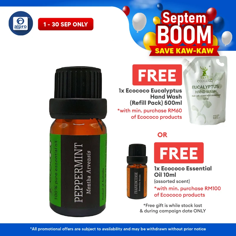 ecococo Peppermint Essential Oil 10mL | Boosts Energy & Focus