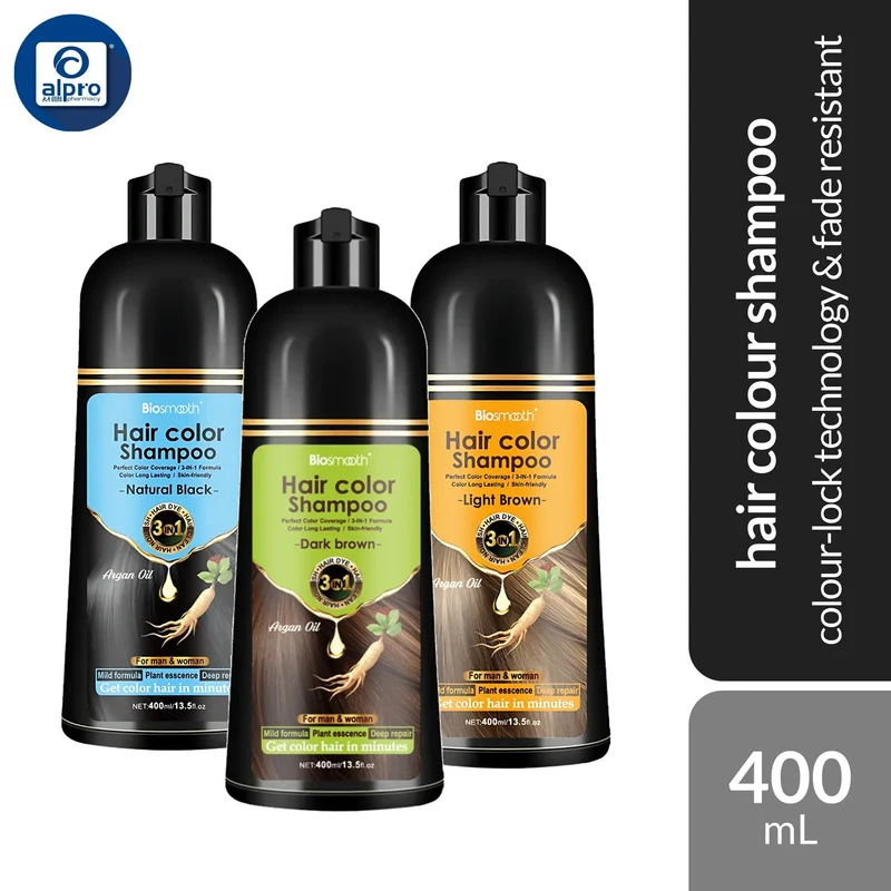 Biosmooth Hair Colour Shampoo – (Natural Black/ Dark Brown/ Light Brown) 400mL | Colour-Lock Technology & Fade Resistant