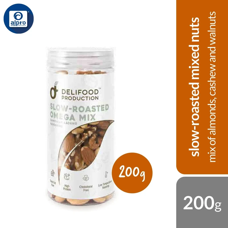 Delifood Slow-Roasted Omega Mix 200g | Mix of Almonds, Cashew and Walnuts