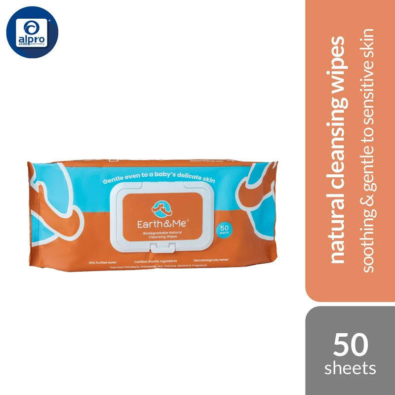 Earth & Me Biodegradable Natural Cleansing Wipes 50 Sheets | Ultra-soft