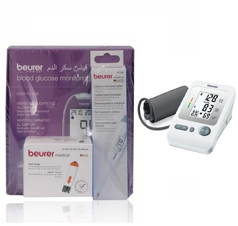 Beurer Gl44 Glucose Monitor+gl50 Strips 50'S+ft09 Thermometer+bm 26 Bp Monitor
