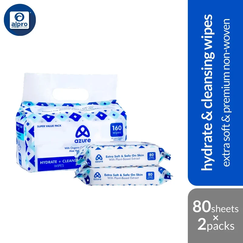 Azure Hydrate + Cleanse Wipes 80s ×2packs | Extra Soft & Premium Non-Woven Sheets