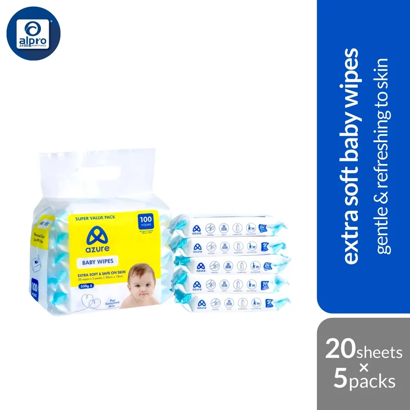Azure Baby Wipes 20s ×5packs | Gentle & Refreshing to Skin