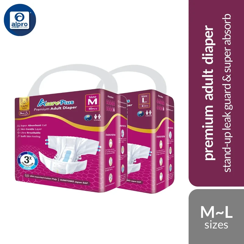 Acareplus Premium Adult Diaper (Size M 10s/ L 8s) | Stand-Up Leak Guard & Super Absorb