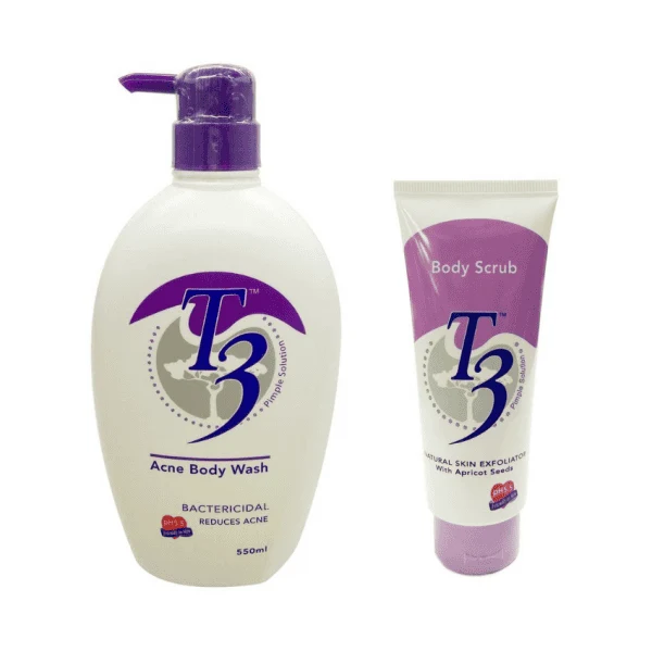 T3 Acne Body Wash 550ml Free T3 Body Scrub 200g