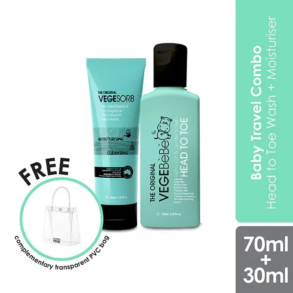 The Original Vegebebe Head to Toe Baby Wash 70ml & Vegesorb Moisturiser 30ml Travel Combo