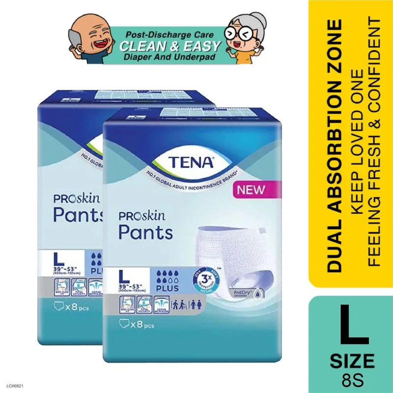 Tena Proskin Pant Plus (L) 8S Twin Pack FOC Compression Socks | Leak Guard Protection
