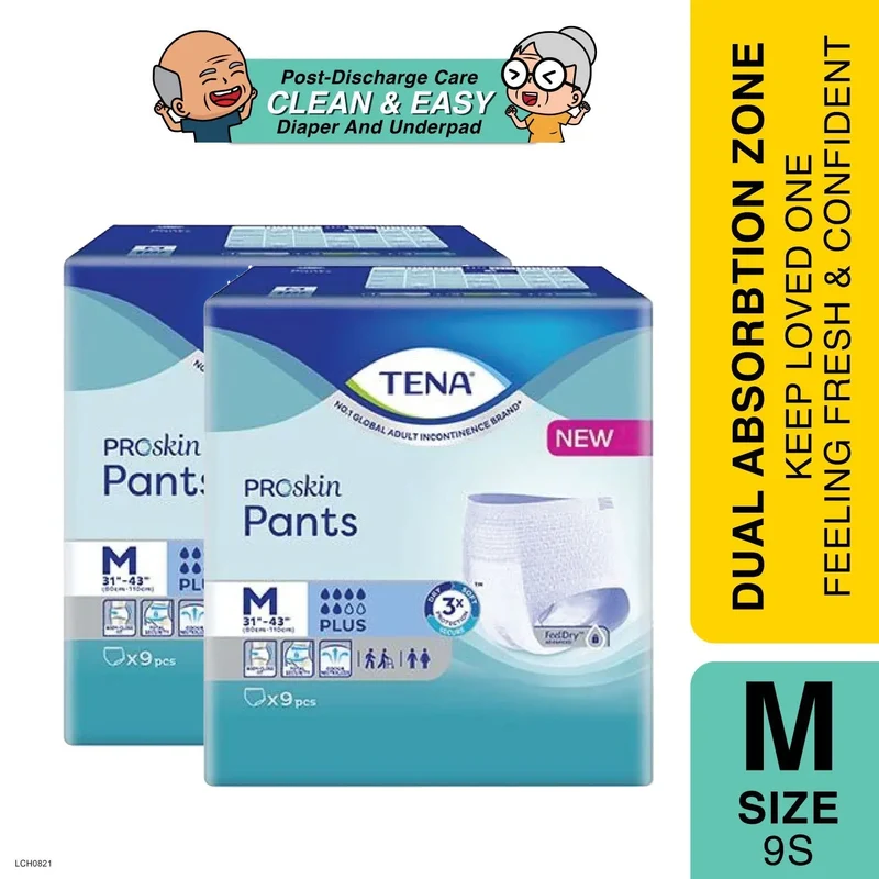 Tena Proskin Pant Plus (M) 9S Twin Pack FOC Compression Socks | Leak Guard Protection