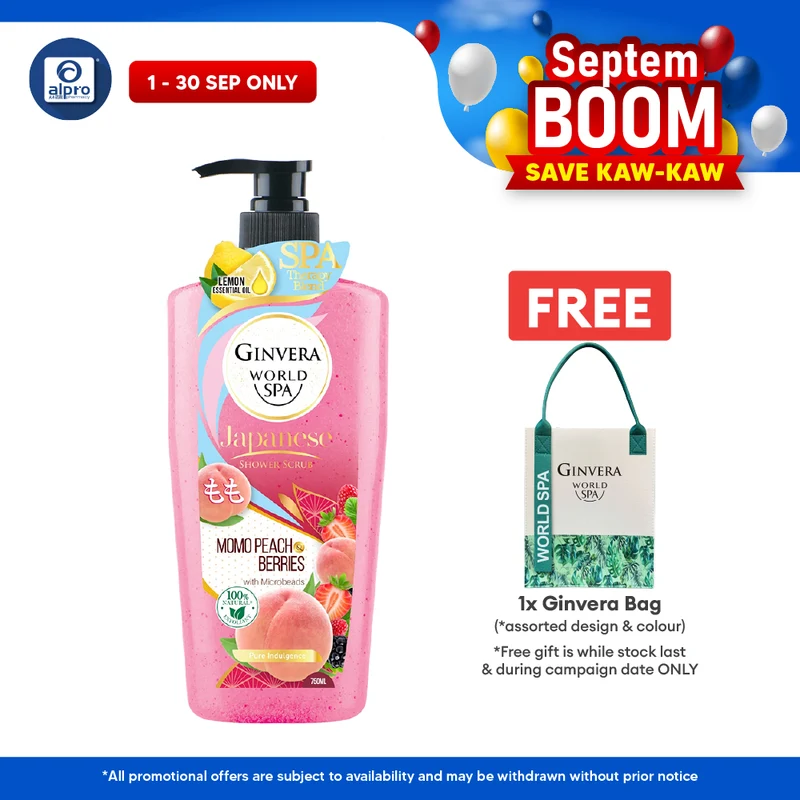 Ginvera World Spa Japanese Shower Scrub Momo Peach & Berries 750ml | Momo Peach and Lemon