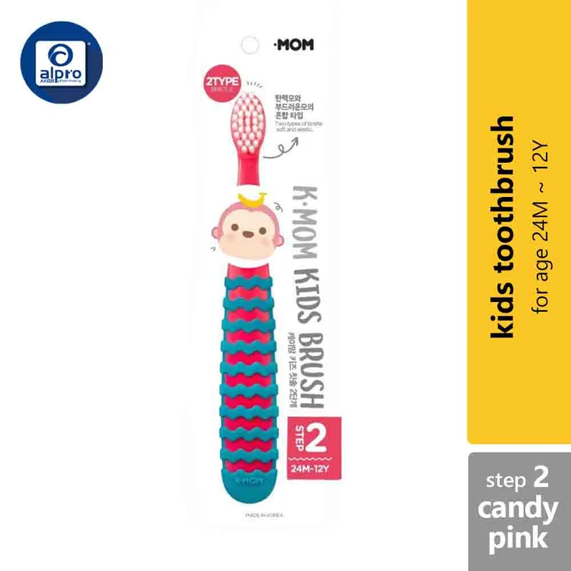 K-Mom Kids Toothbrush Step 2 (5- 12 years) | Candy Pink / Strike Blue Gray / Apple Lime