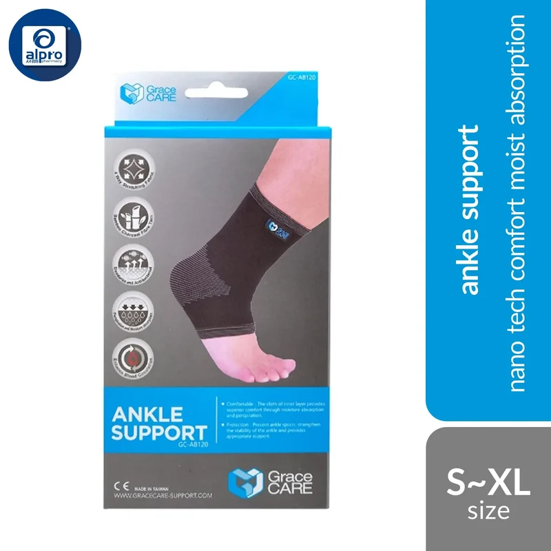 Grace Care 4-way Elastic Ankle Support AB120 Black (Size S/ M/ L/ XL) | Nano Tech Comfort Moisture Absorption