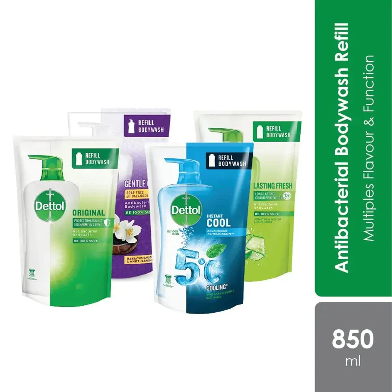 Dettol Shower Gel Refill Pouch 850g (Original / Gentle Care / Lasting Fresh / Instant Cooling) | Antibacterial Body Wash
