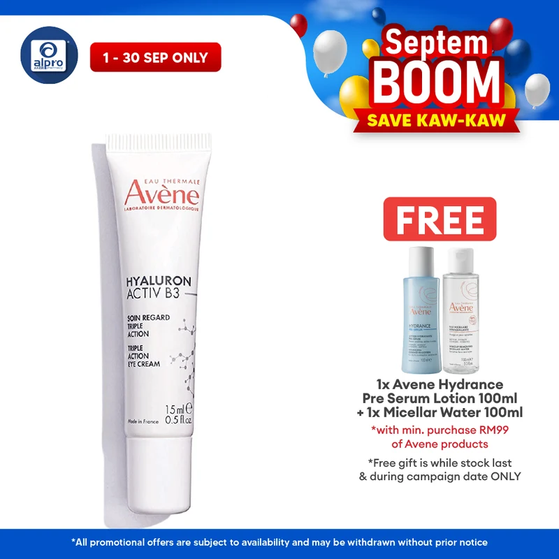 Avène Hyaluron Activ B3 Triple Action Eye Cream 15mL | Reduce Wrinkle, Eyebags, Dark Circle