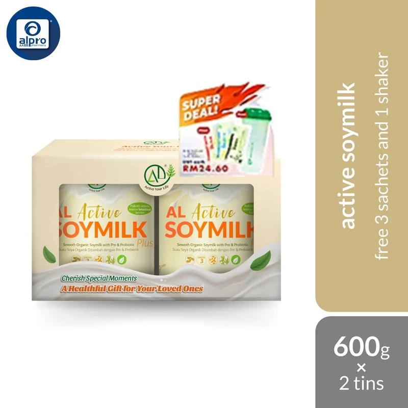 AL Active Soymilk Plus 600g ×2s Free 3 Sachets and Shaker | Improve Digestive and Immune System