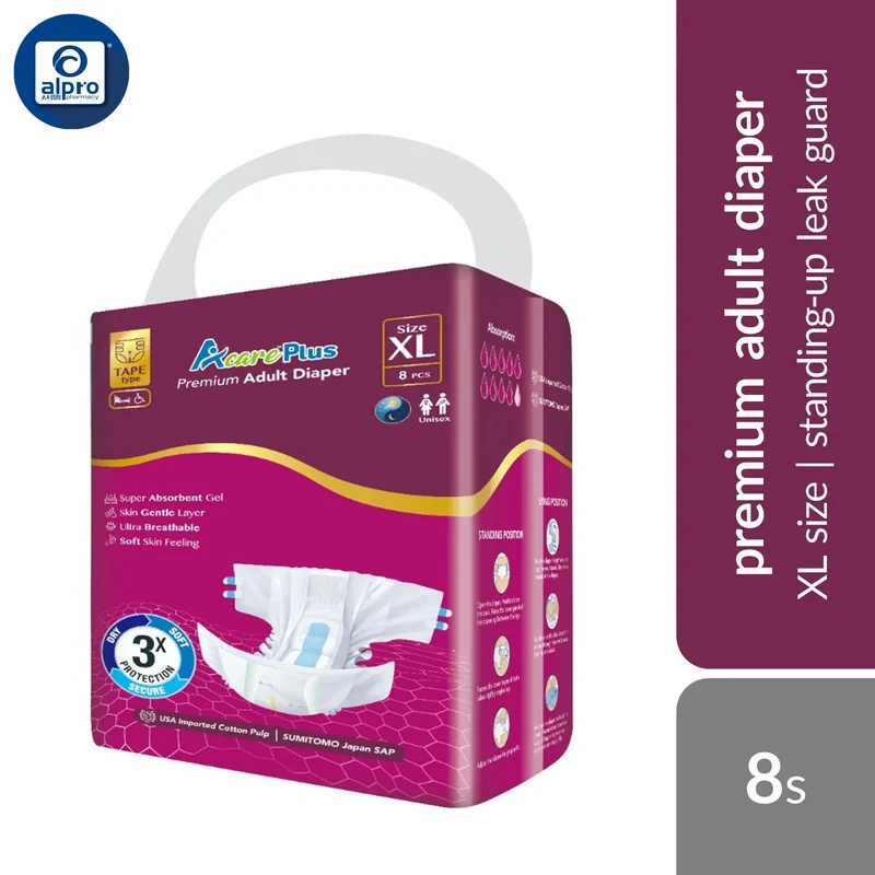 Acareplus Adult Diaper XL Size 8s | Ultra Breathable & Absorbent