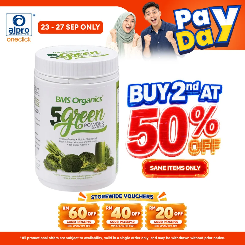 BMS Organics Organic 5 Green Powder 150g | High Fiber, Vitamin & Minerals