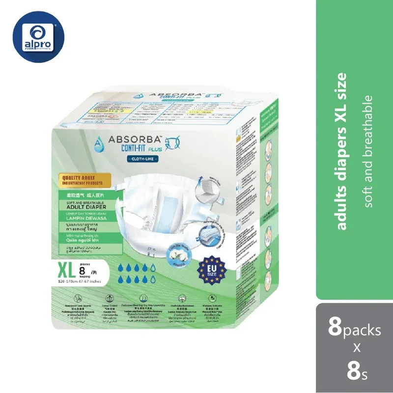 Absorba Conti-Fit Plus Clothlike Adult Diapers XL 8 x 8s | Soft & Breathable