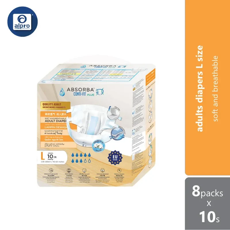 Absorba Conti-Fit Plus Adult Diapers L 8 x 10s | Soft & Breathable