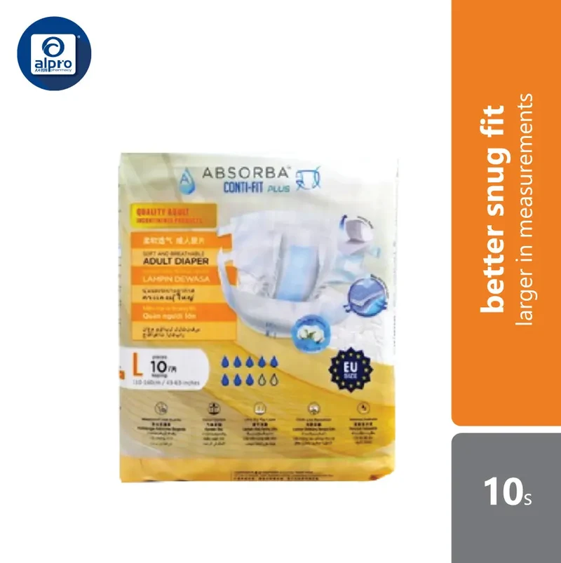 Absorba Conti-Fit Plus Soft And Breathable Adult Diapers (L size) 10s